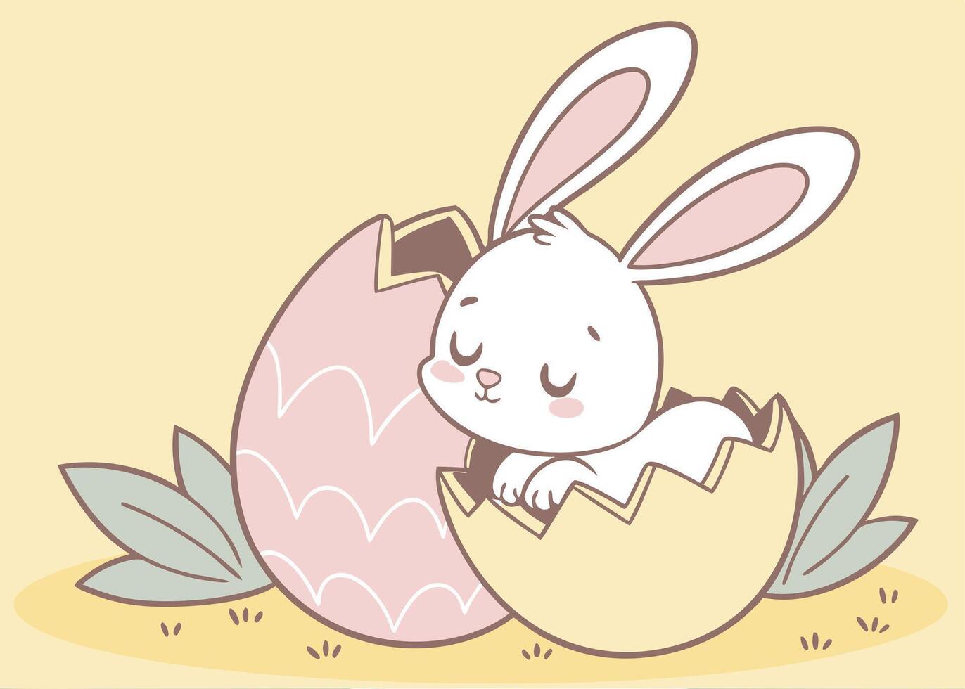 Tiny bunny curled up sleeping inside pastel Easter egg vector