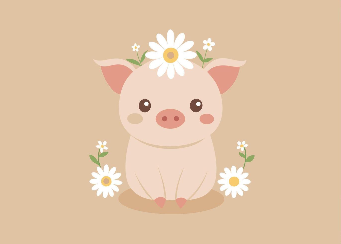 Piglet with flower crown in field of flowers vector
