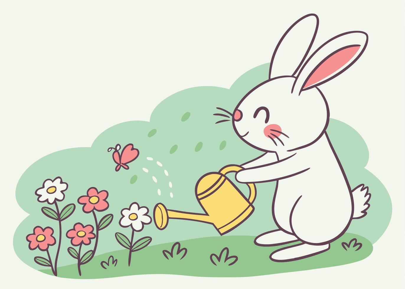 Playful bunny holding tiny watering can near blooming flowers vector