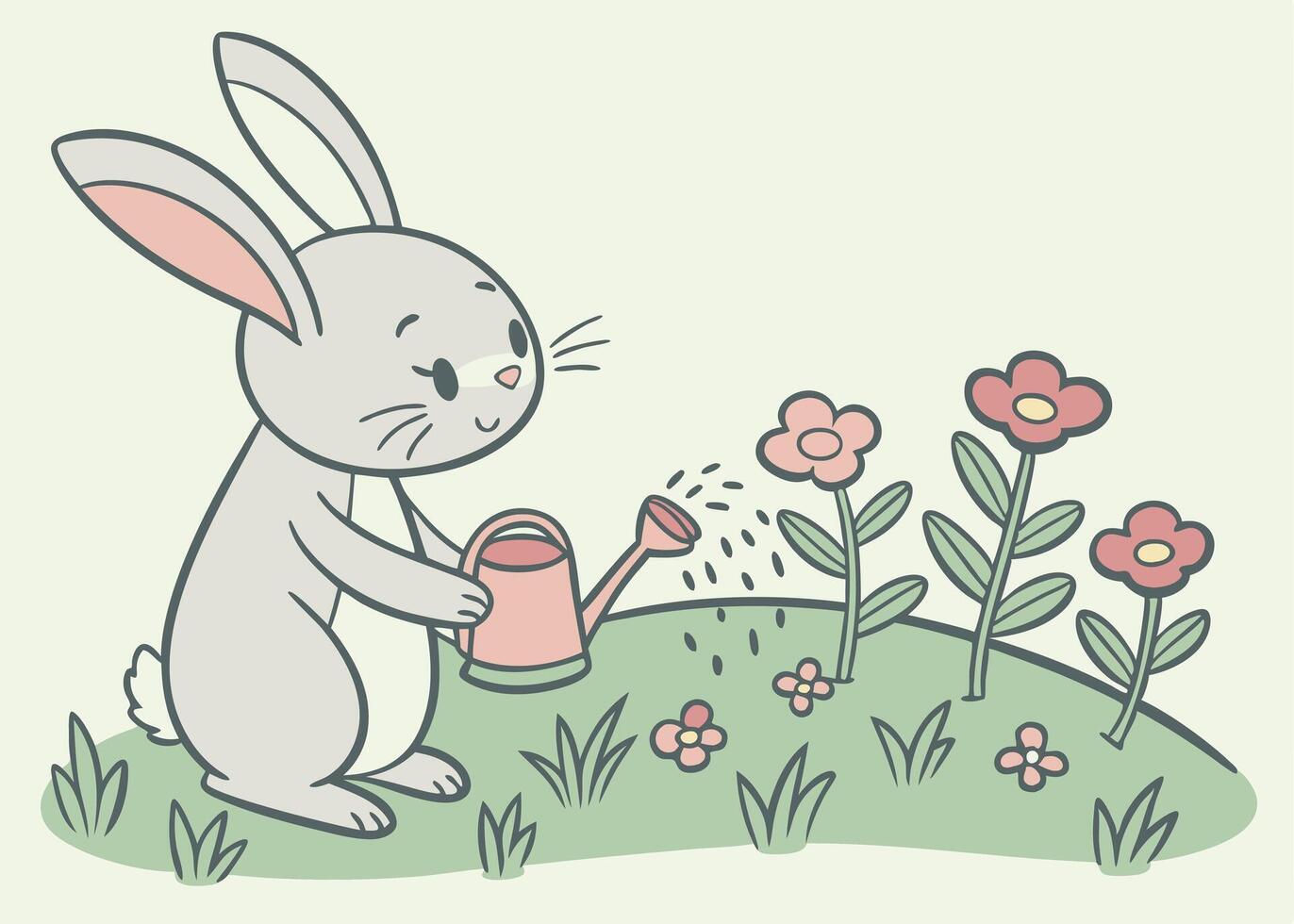 Charming bunny carefully watering flowers with small watering can vector