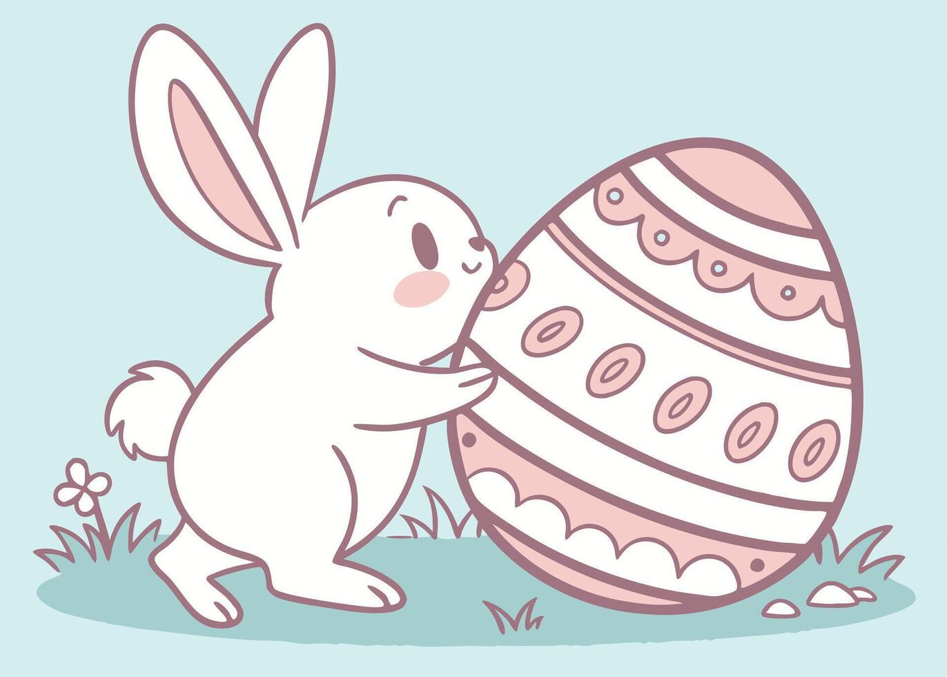 Festive bunny playing with oversized pastel easter egg vector