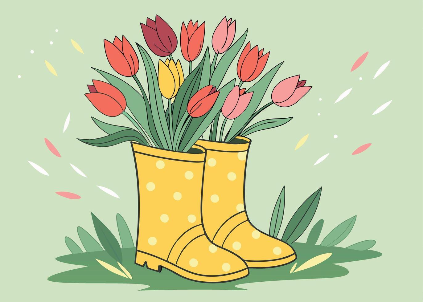 Cute rain boots filled with blooming tulips for spring vector