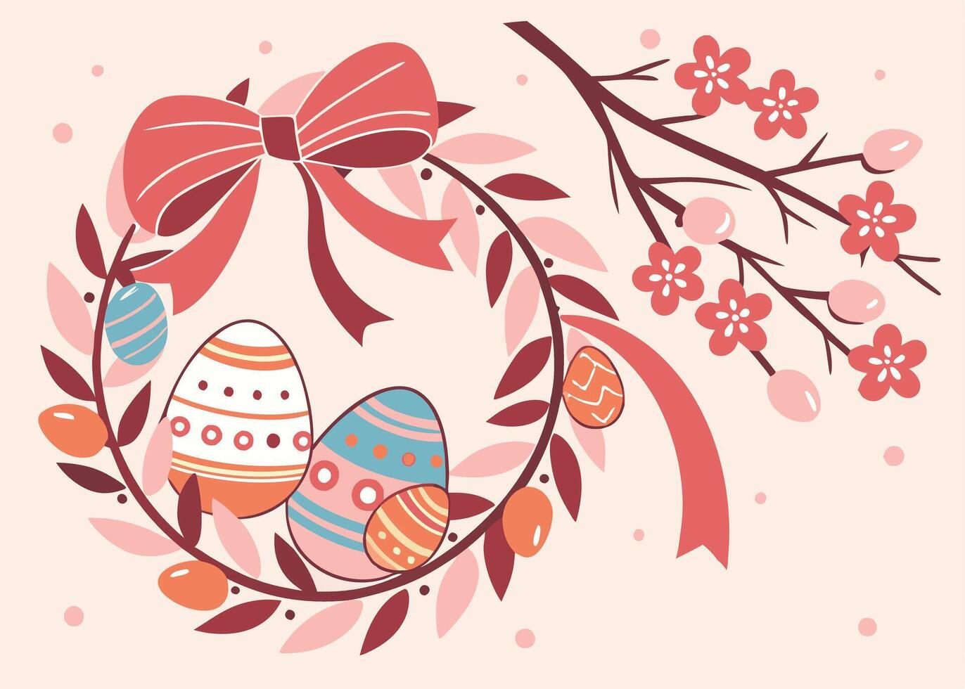 Festive Easter wreath with pastel eggs and floral ribbons vector