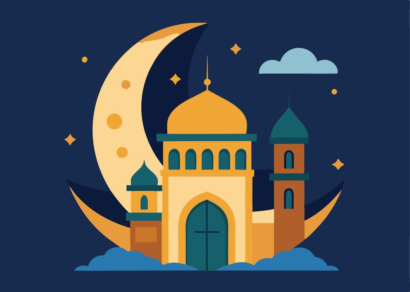 Crescent moon and mosque with Ramadan festive decorations vector
