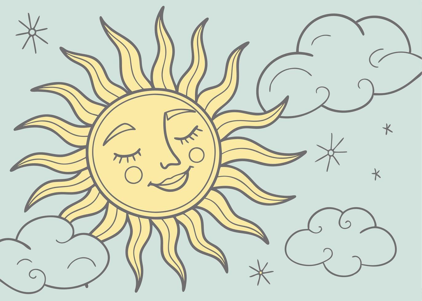 Cheerful sun shining with fluffy clouds in pastel sky vector