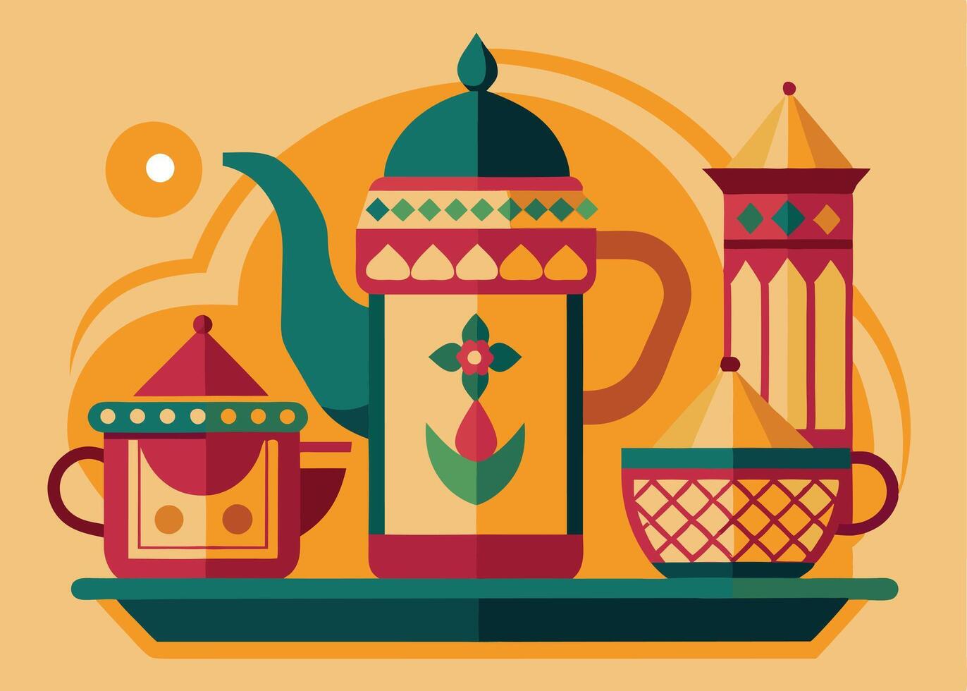 Islamic tea set with Ramadan-themed decorative elements vector