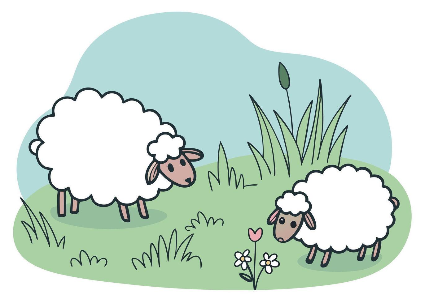 Pastel-themed fluffy sheep grazing under warm sunshine vector