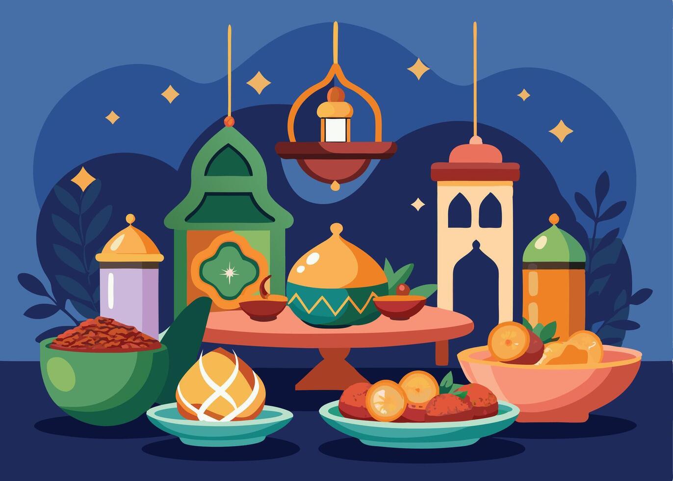 Iftar table with traditional dishes and Ramadan treats vector