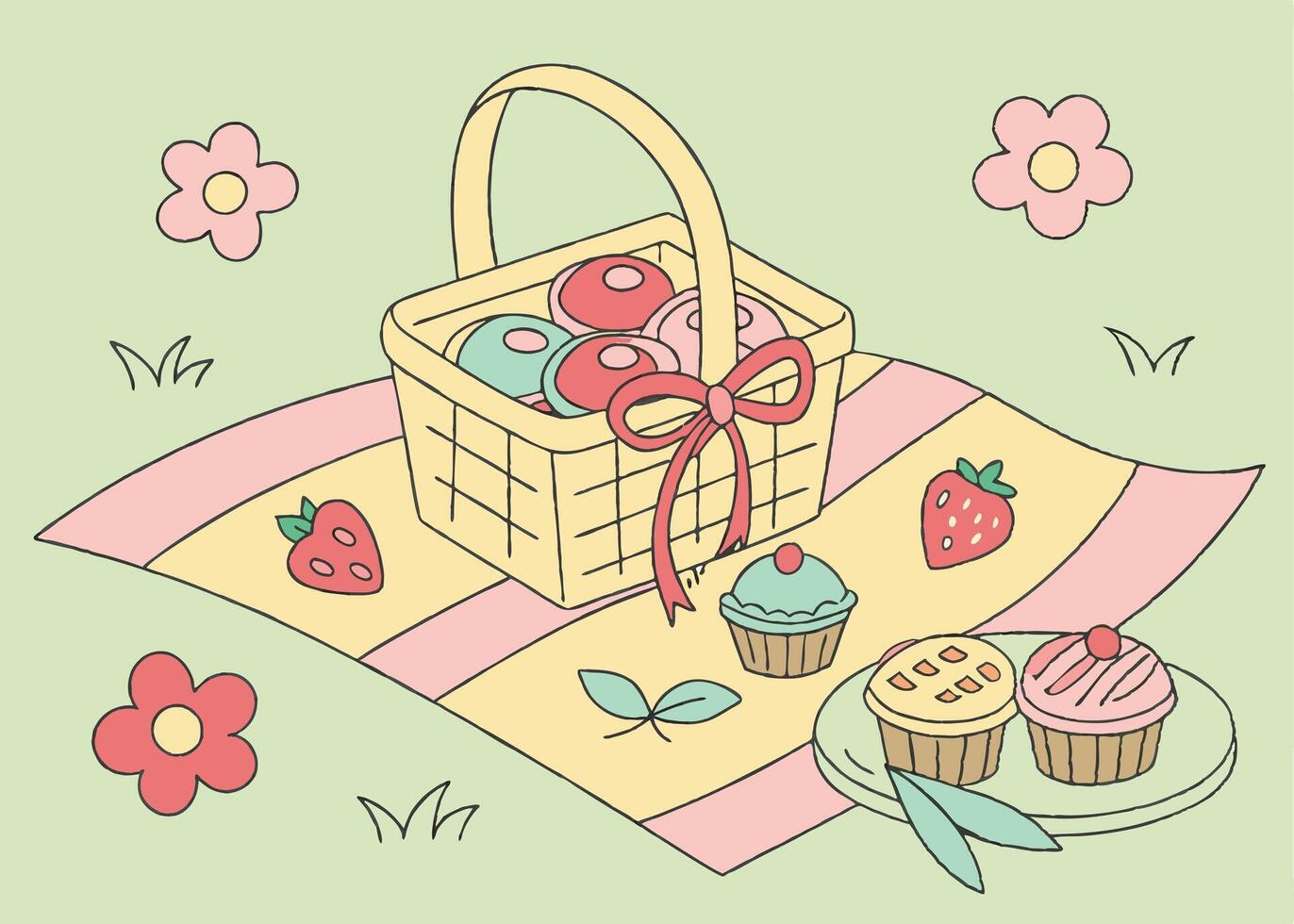 Springtime picnic with basket and pastel-colored treats vector
