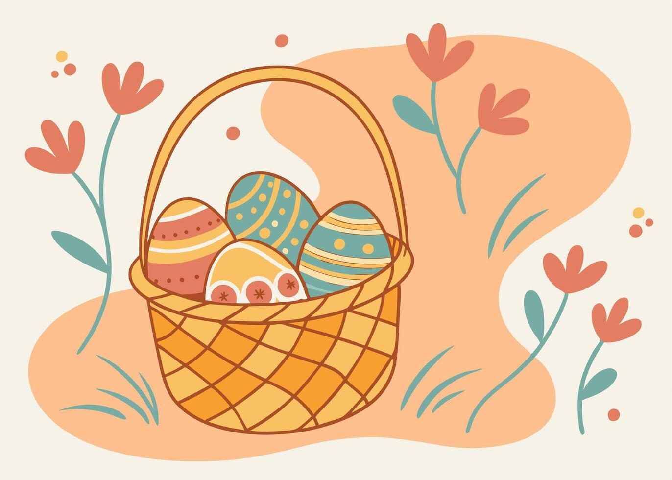 Easter basket full of eggs placed on soft grass vector