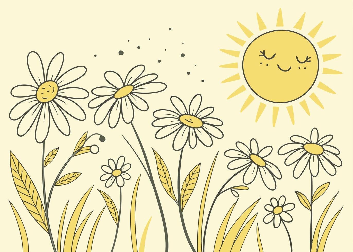 Smiling sun shining over a meadow of fresh daisies vector