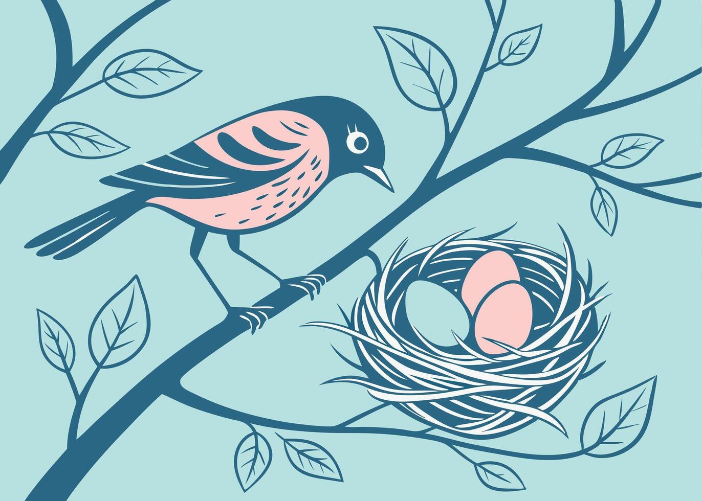Tiny bird carefully building a cozy nest for eggs vector