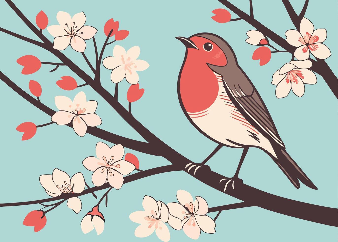 Cute robin sitting on a blossoming branch in spring vector