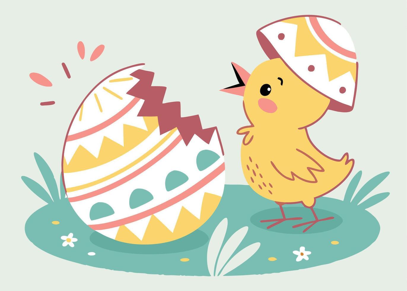 Excited chick hatching from Easter egg with patterns vector