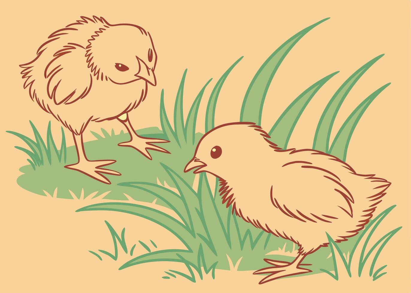 Pair of playful baby chicks in spring grass for Easter vector