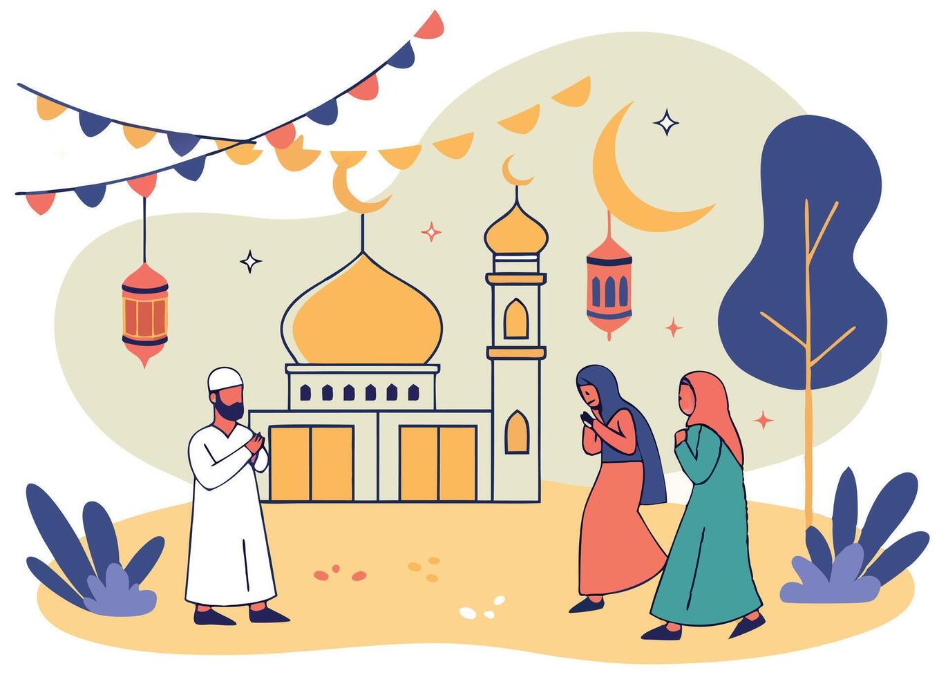 Eid prayer gathering with Muslims in traditional attire vector