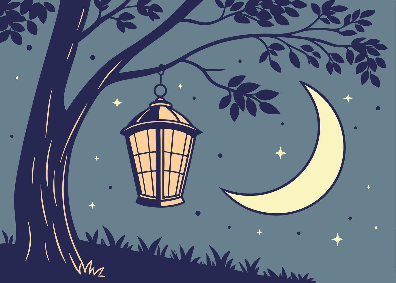 Traditional lantern glowing under a crescent moon for Ramadan vector
