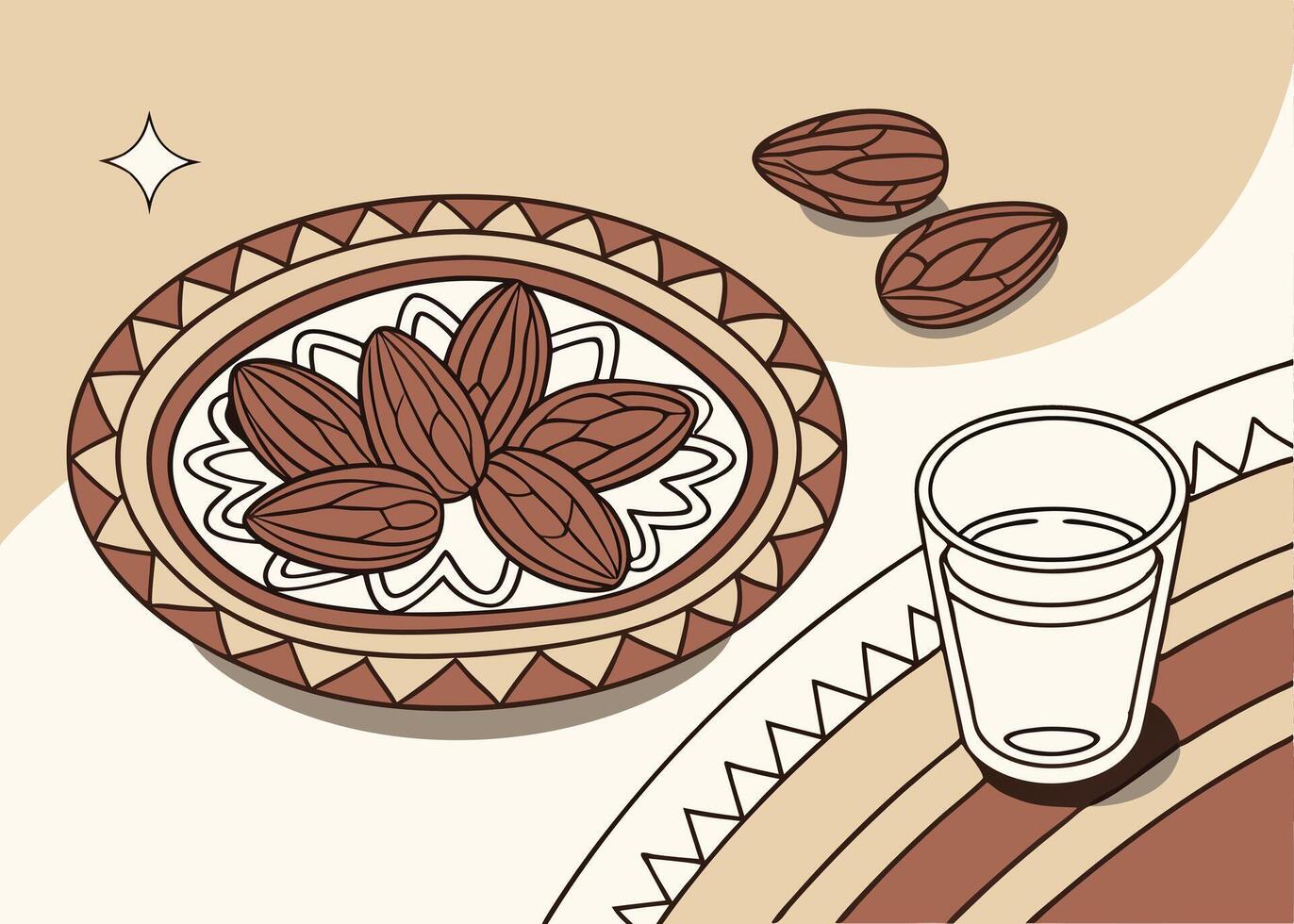 Dates plate and water glass for Ramadan Iftar celebrations vector