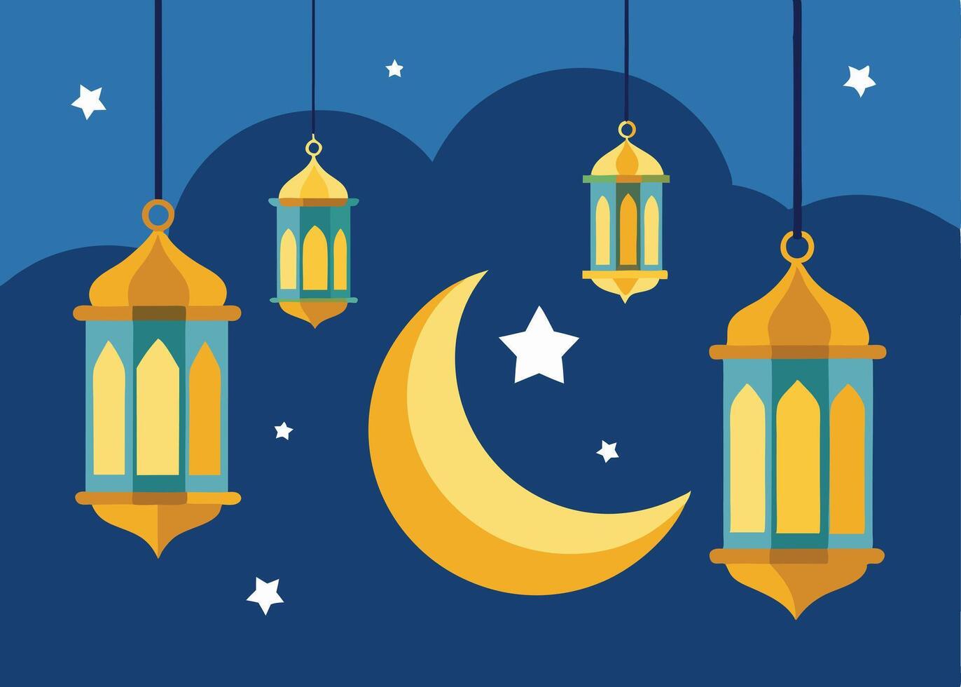 Hanging lanterns with crescent moon for Ramadan celebration vector