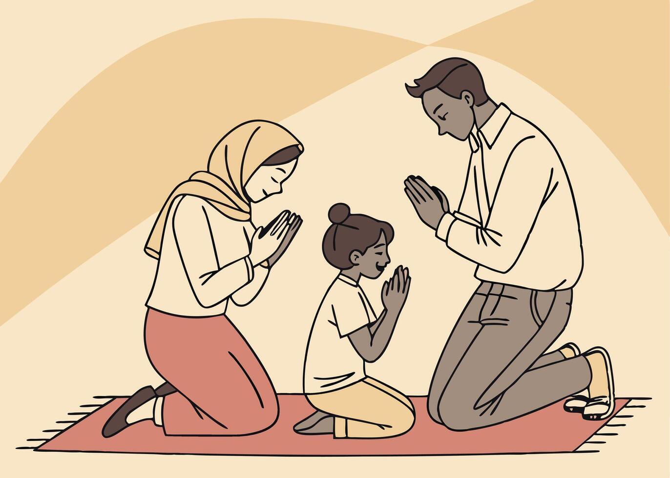 Family praying in warm tones during Ramadan at home vector
