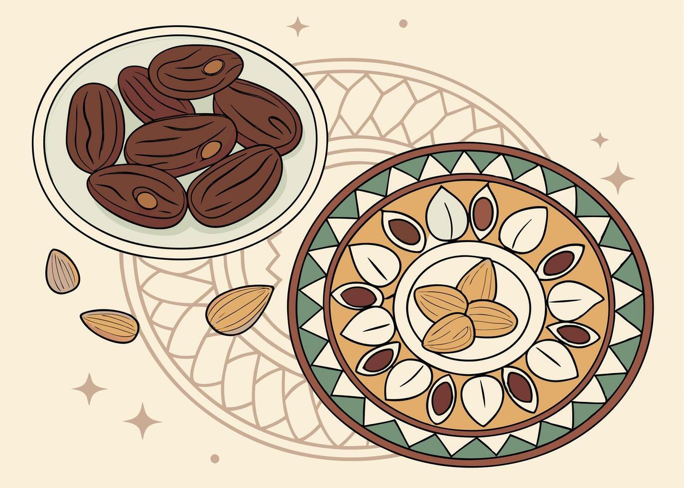 Dates and nuts on Ramadan decorative plate for Iftar vector