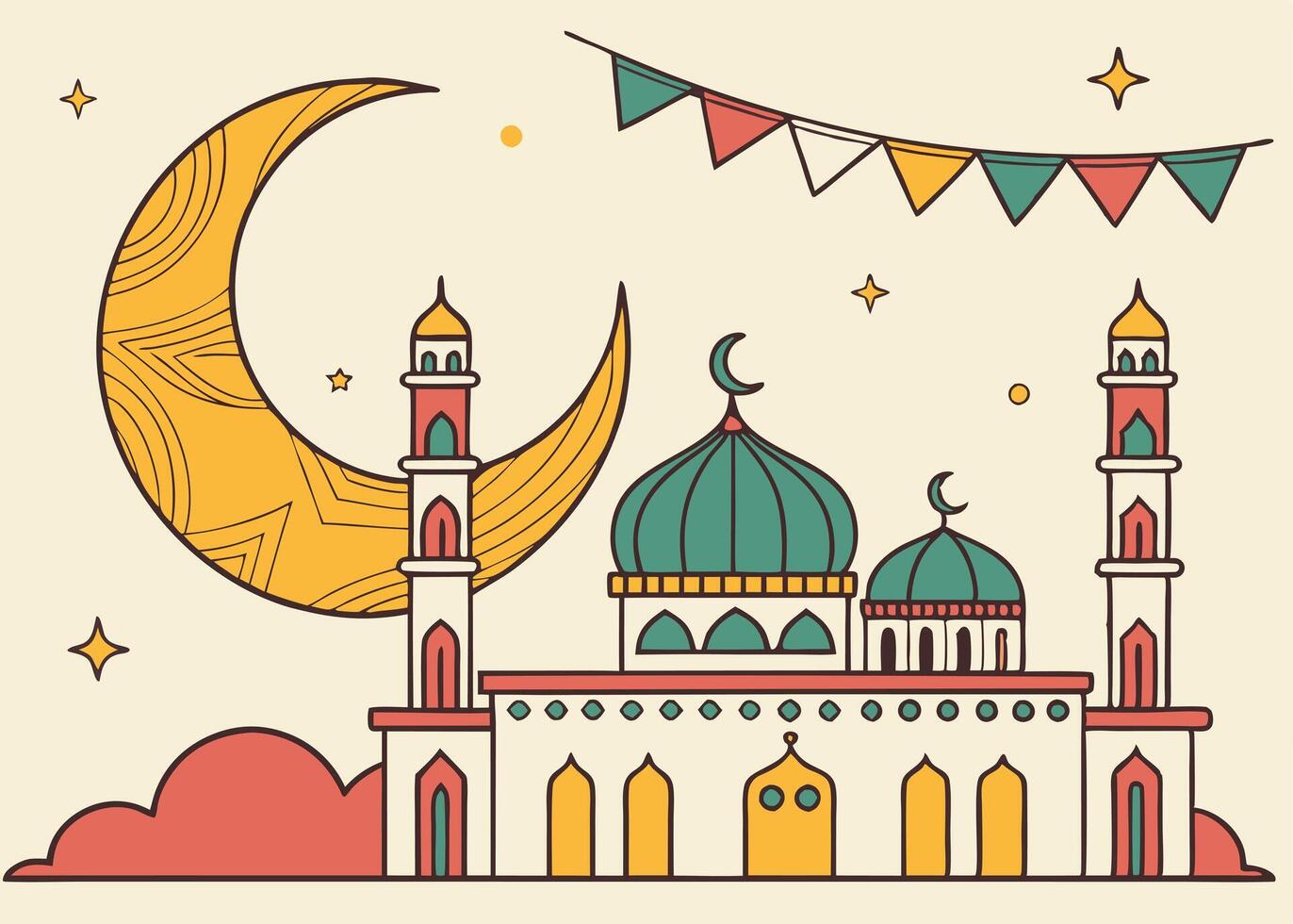 Crescent moon and mosque with festive Ramadan decorations vector