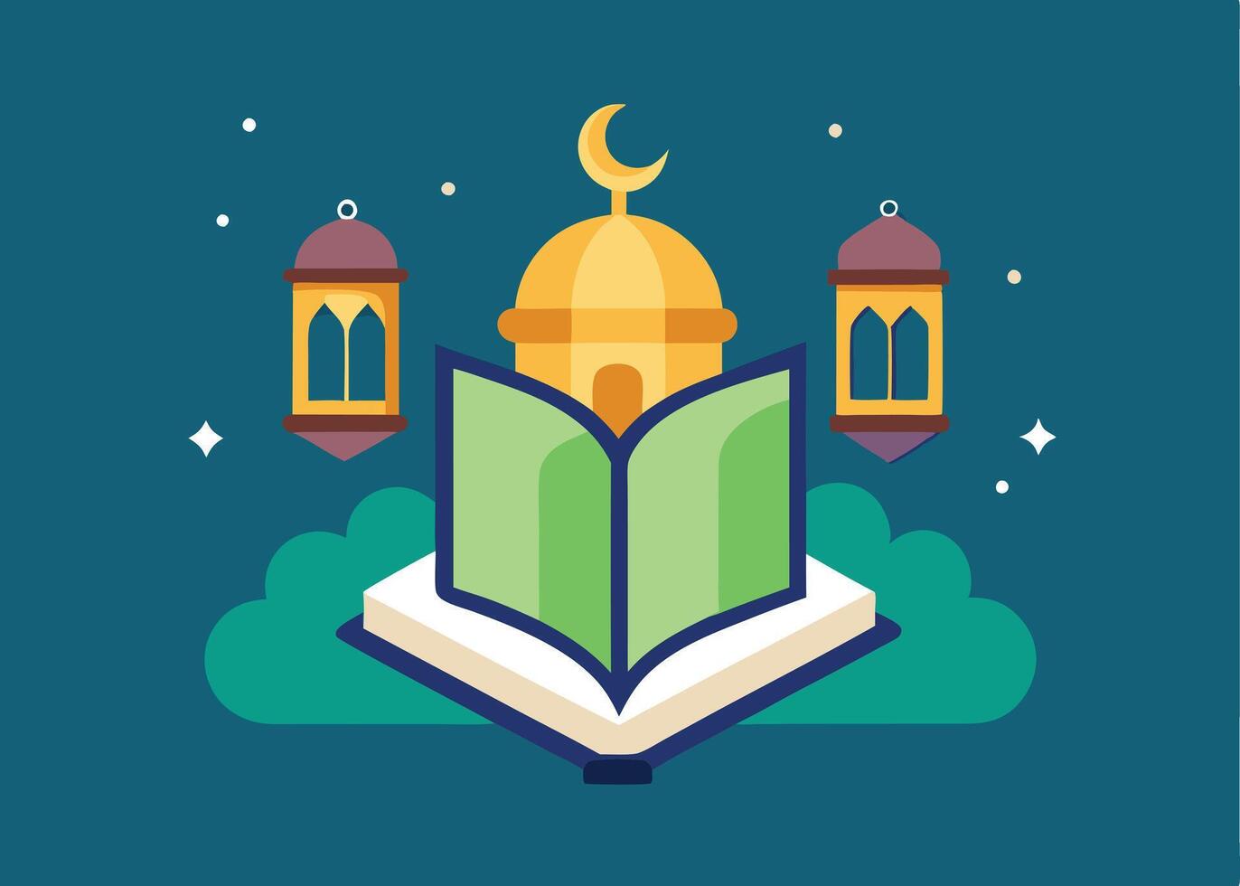 Open Quran with Ramadan lanterns and stars design vector