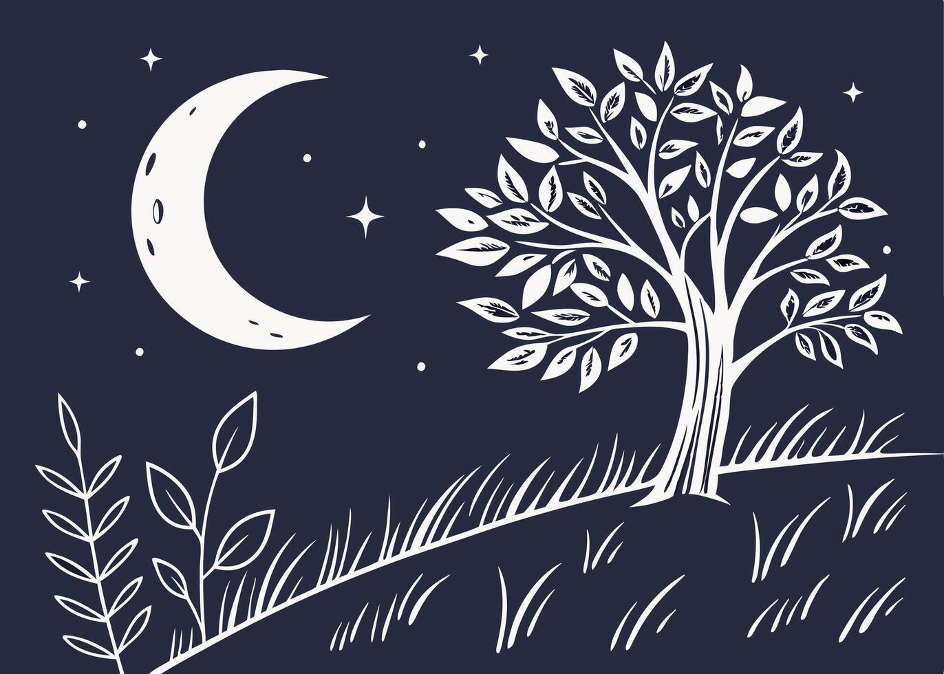 Peaceful night scene with crescent moon and star vector
