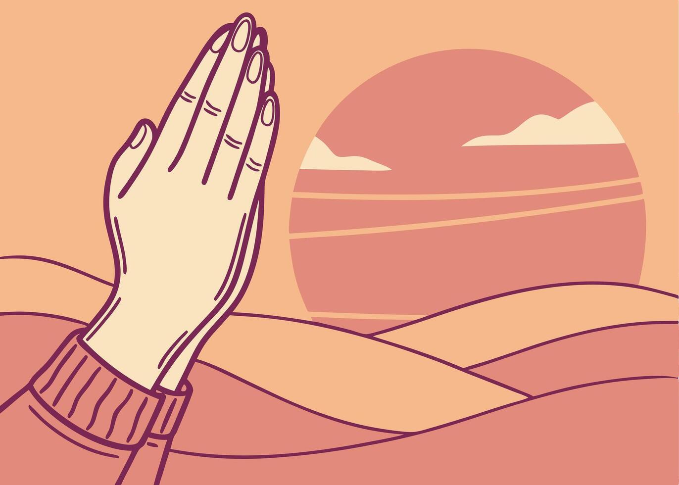Pair of hands raised in prayer under a subtle sun vector
