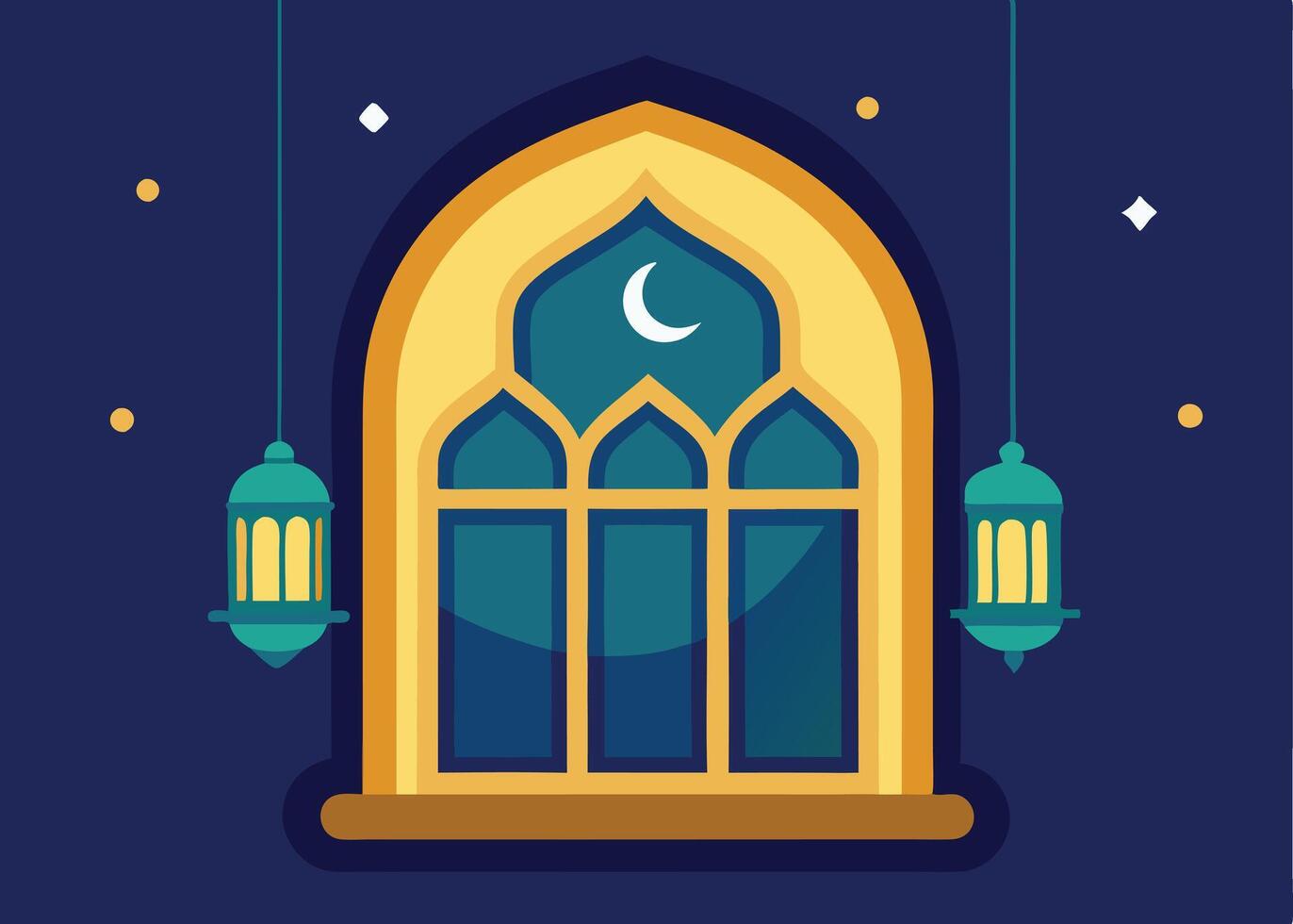 Decorative Islamic window design with Ramadan crescent vector