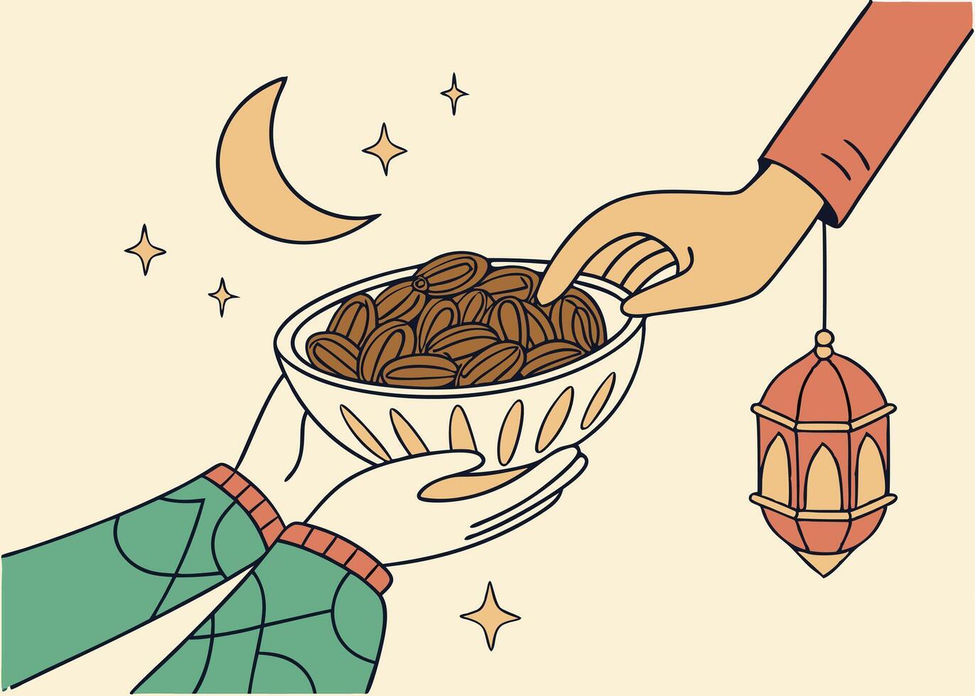 Hands holding bowl of dates for Iftar during Ramadan vector