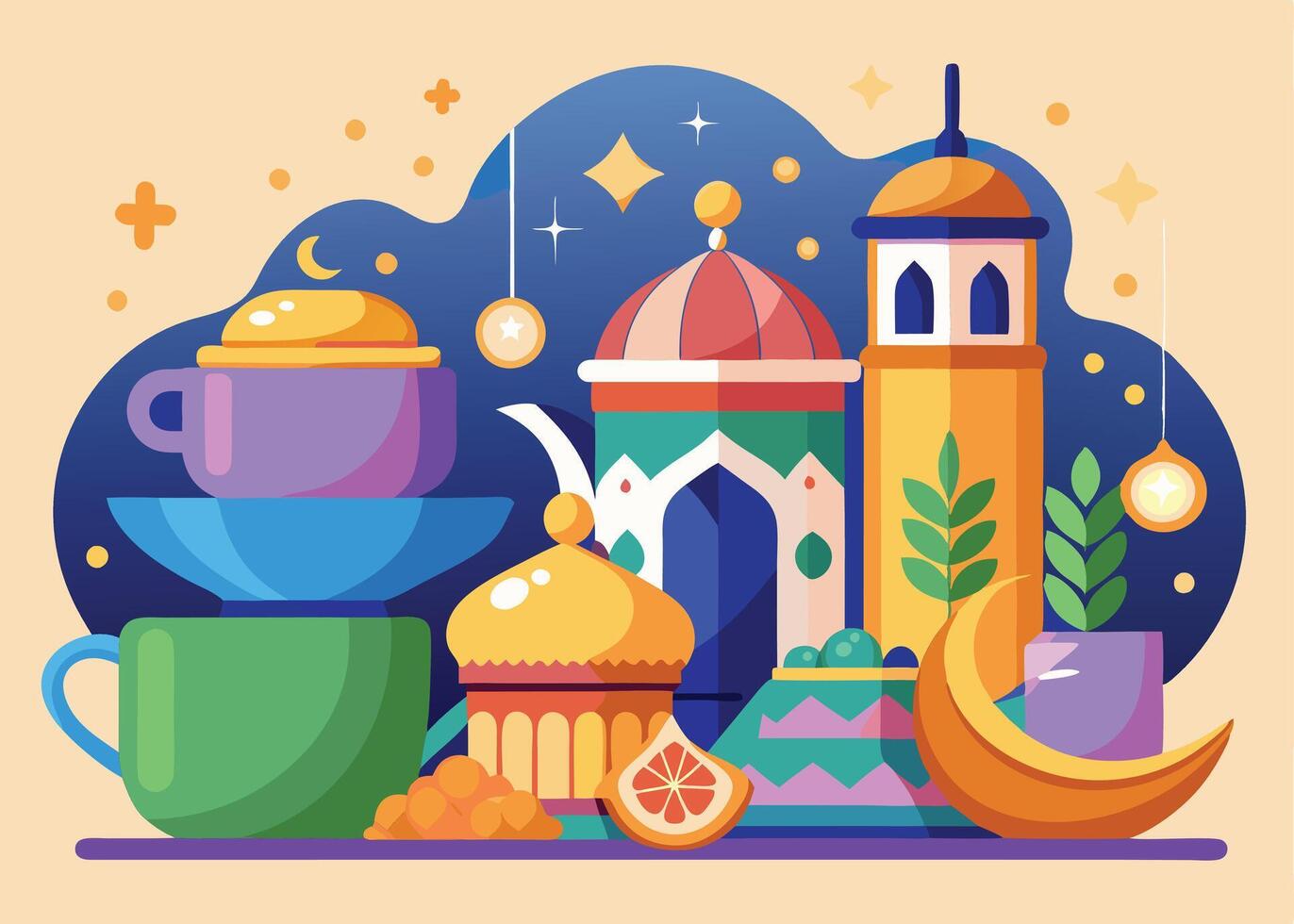 Tea and sweets with Islamic motifs for Ramadan celebration vector