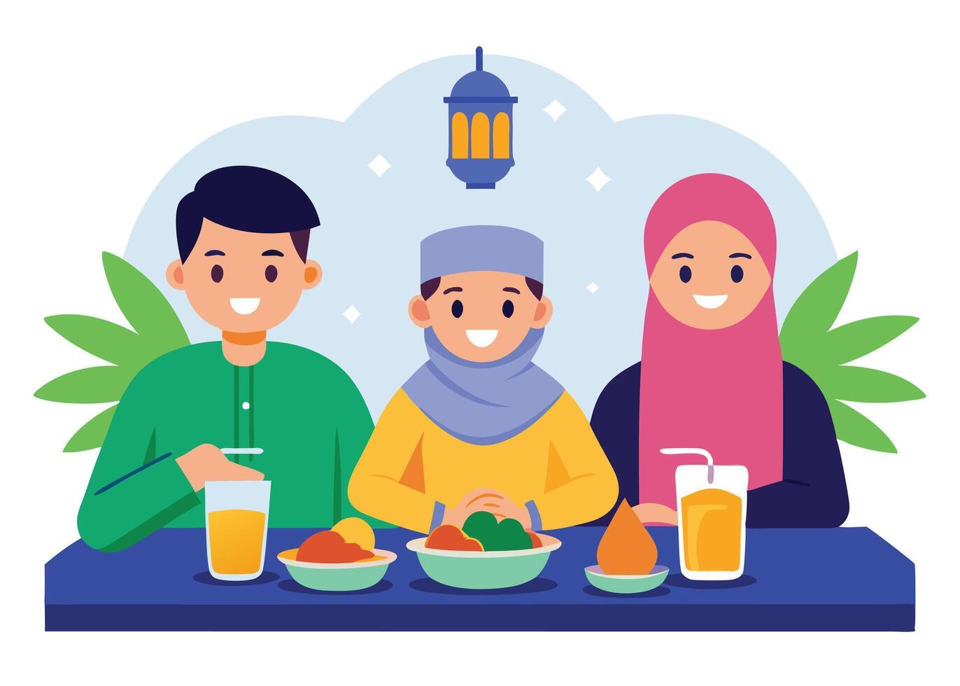 Muslim family celebrating Iftar meal with dates vector
