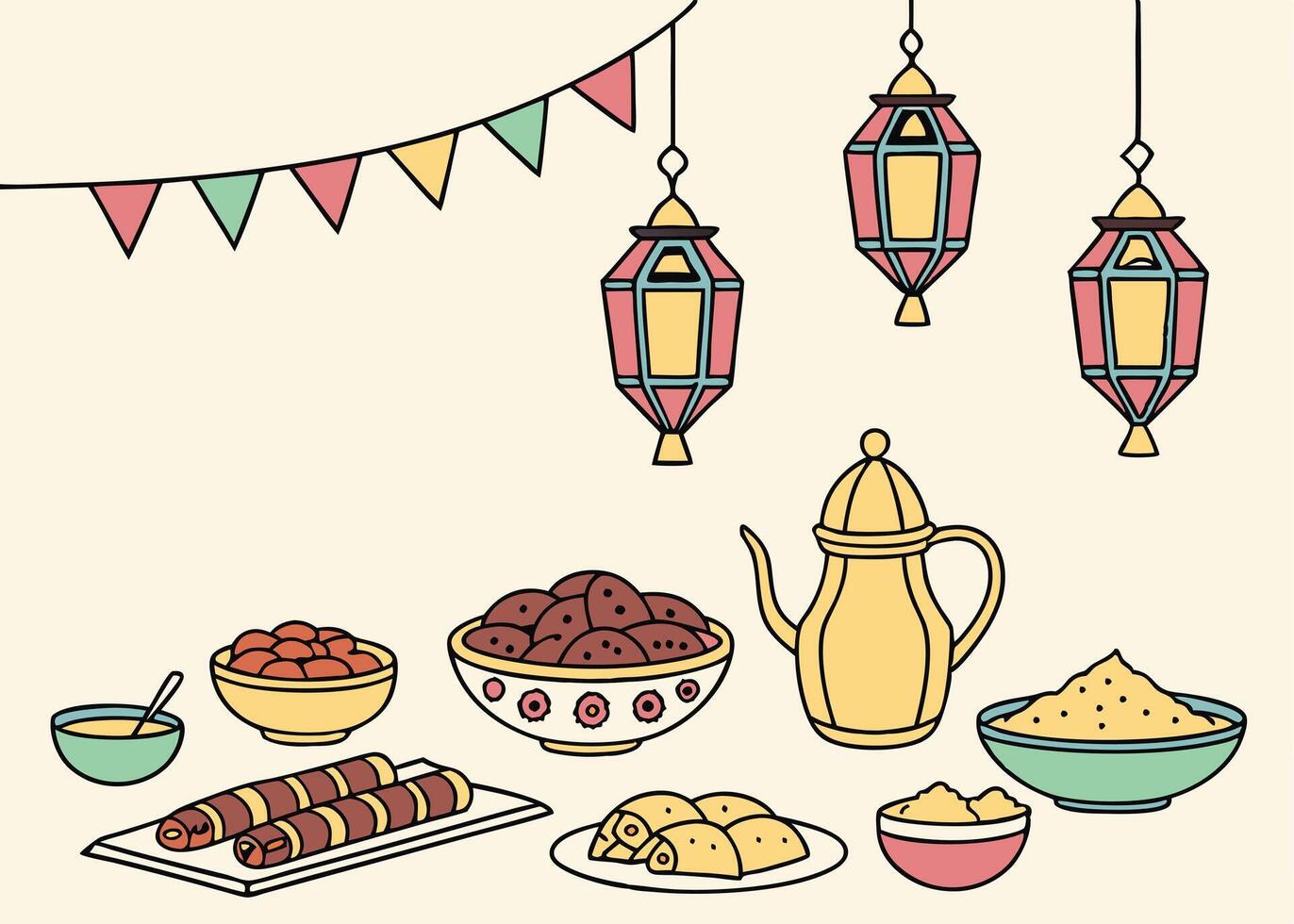Iftar table with traditional dishes for Ramadan celebration vector
