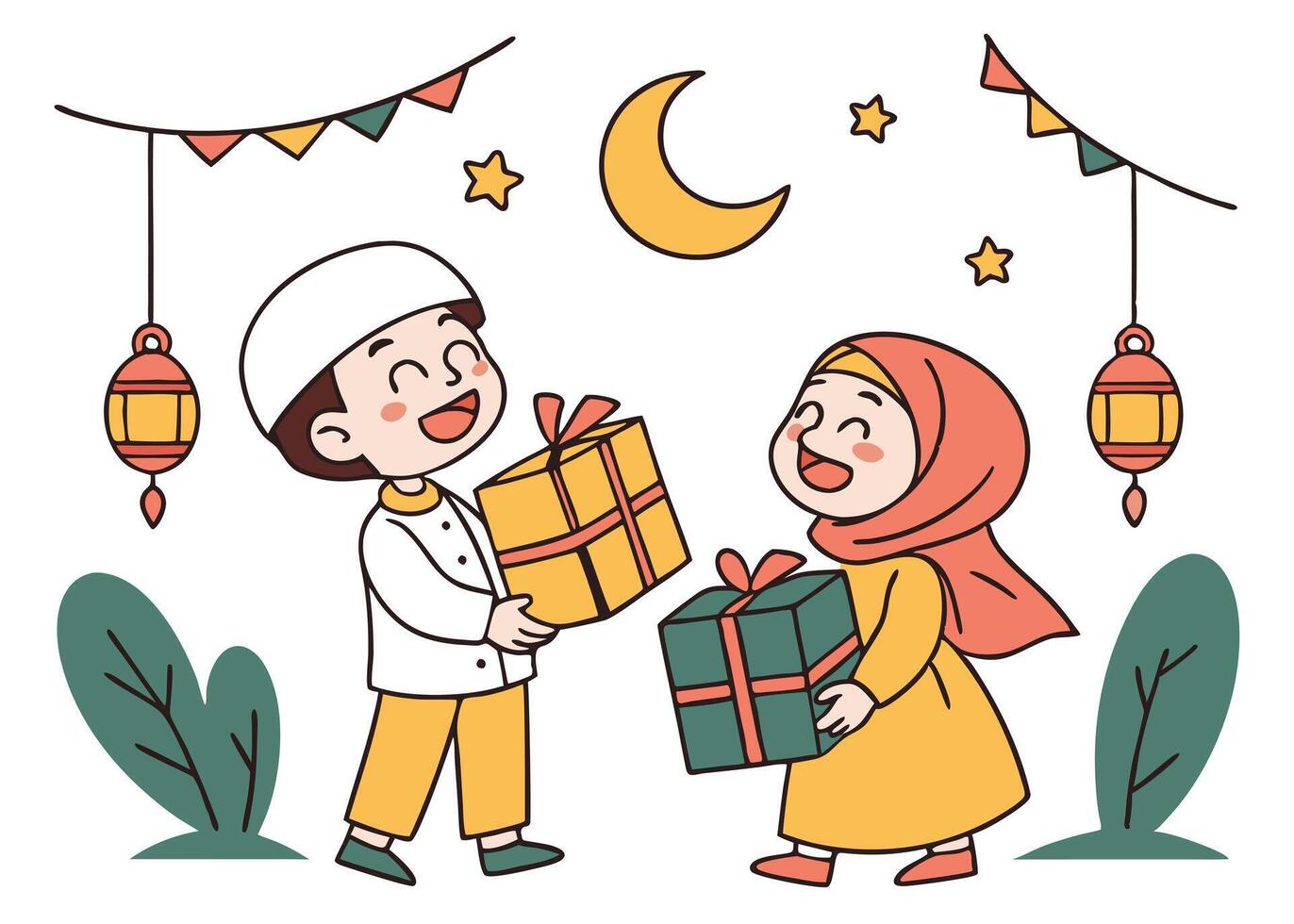 Children celebrating Eid with gift boxes for Ramadan joy vector