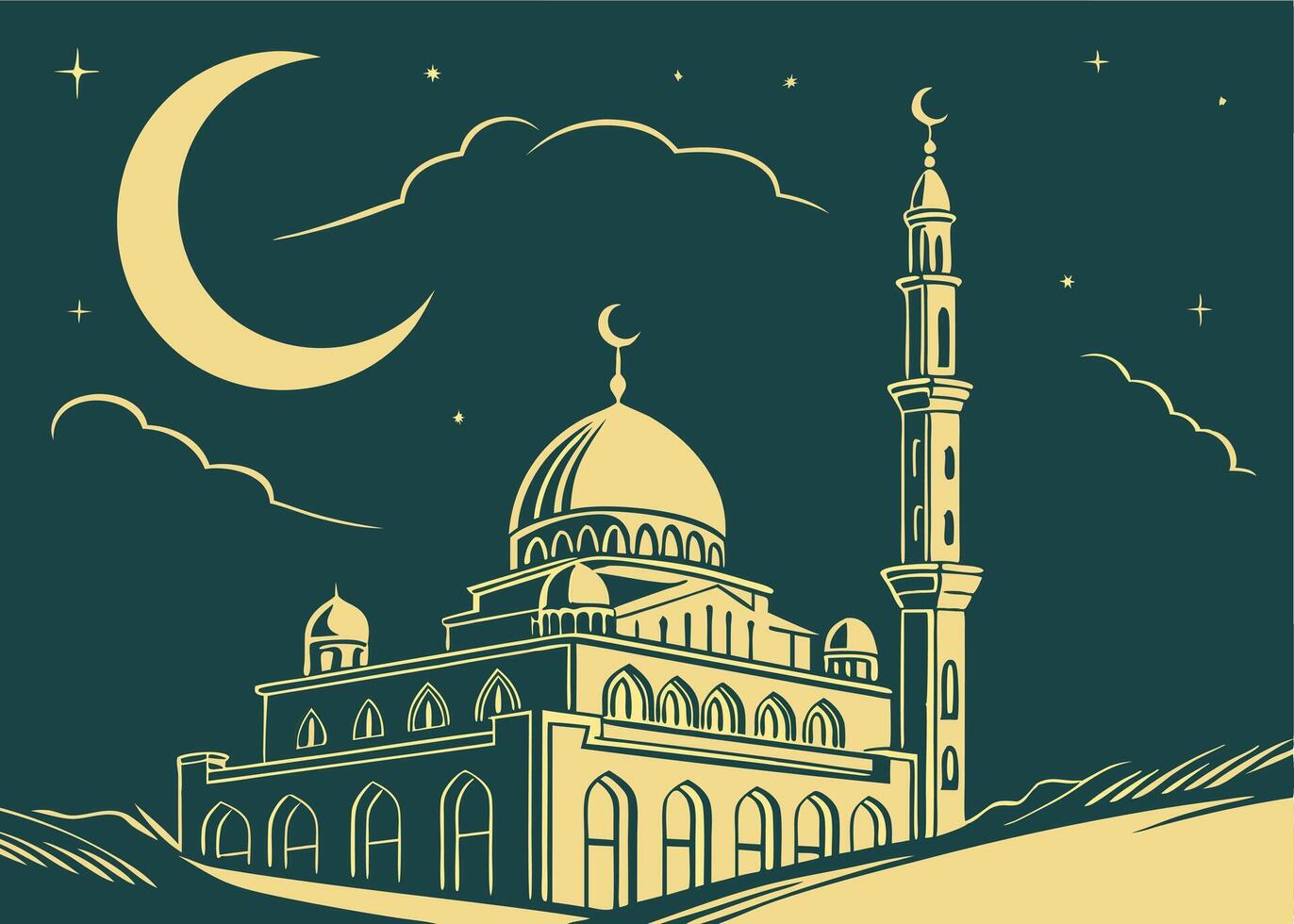 Mosque silhouette with glowing crescent moon at night vector