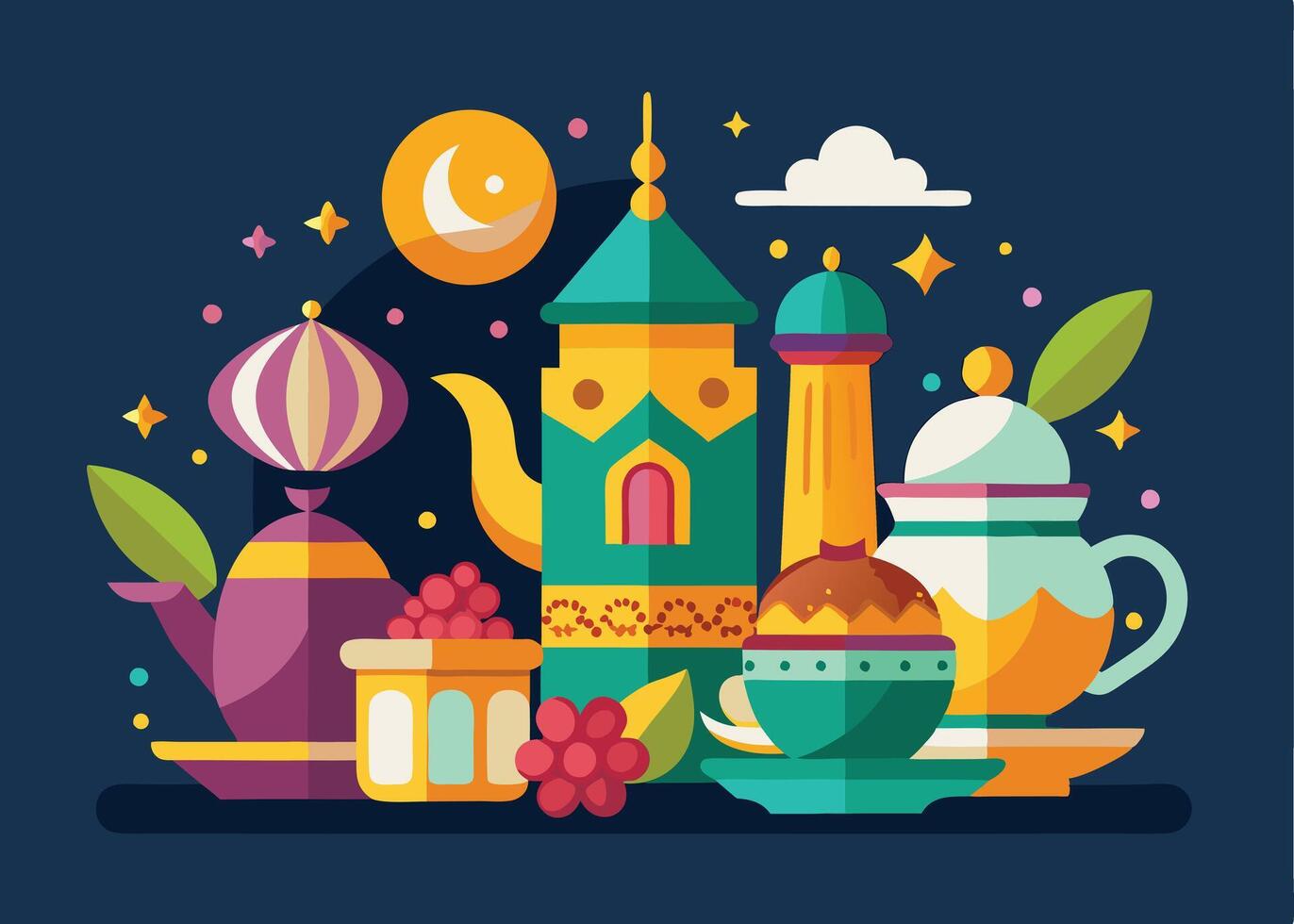 Tea and sweets with Islamic motifs for Ramadan vector