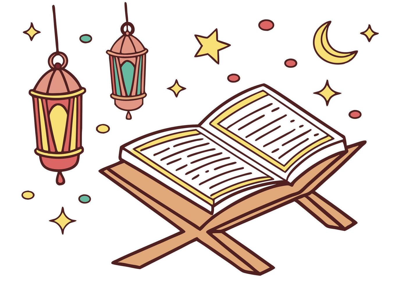 Open Quran with Ramadan lanterns and stars for holy month vector