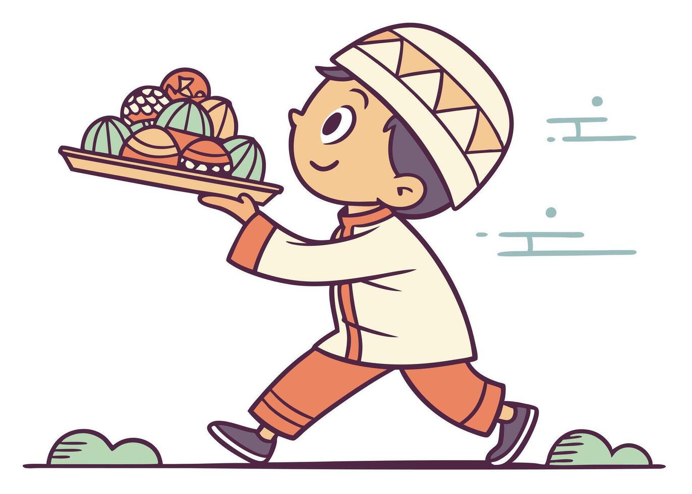 Mosque boy carrying Ramadan tray of sweets vector