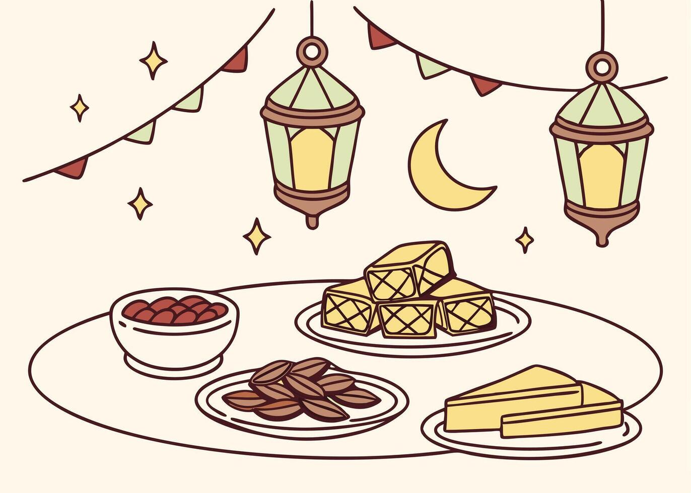Traditional Ramadan table setting with food and decor vector