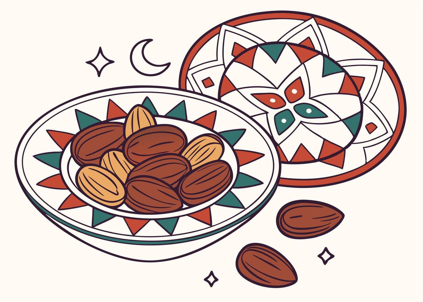 Dates and nuts on decorative plate for Ramadan meal vector