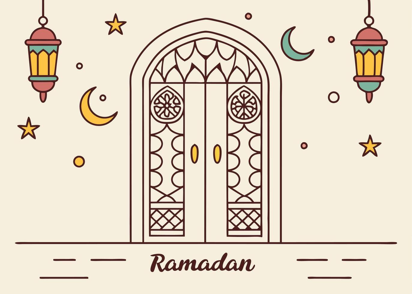 Traditional Islamic door with Ramadan decorations vector