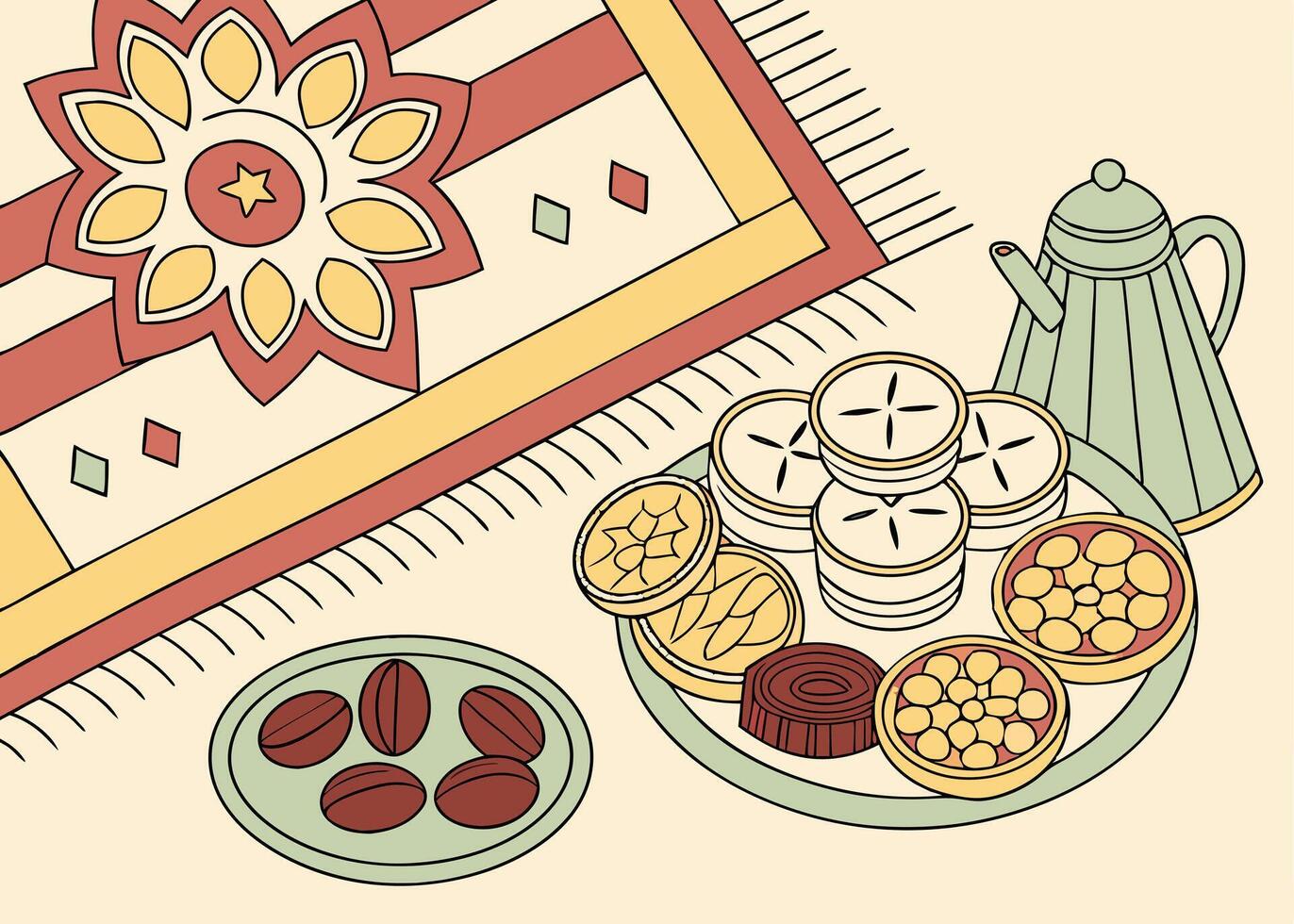 Tea and sweets with Islamic motifs during Ramadan vector