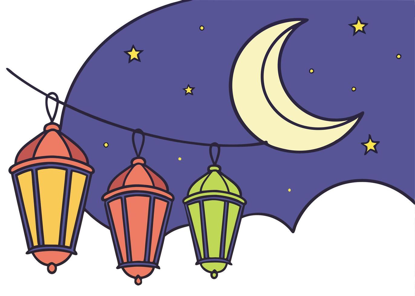 Night sky with crescent moon and Ramadan lanterns designs vector