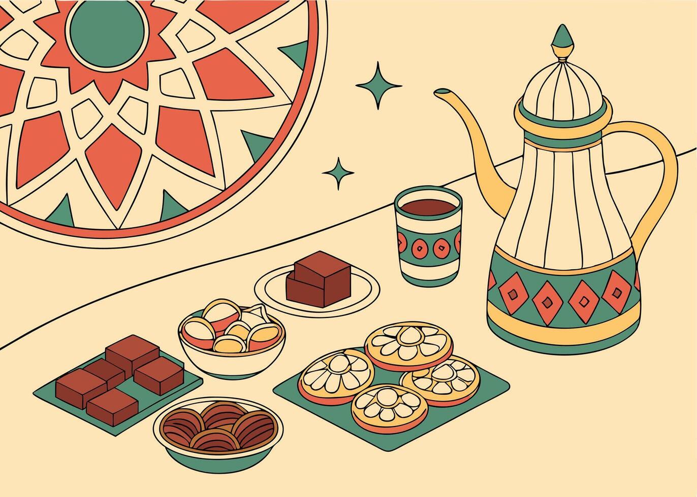 Ramadan tea and sweets with traditional motifs vector