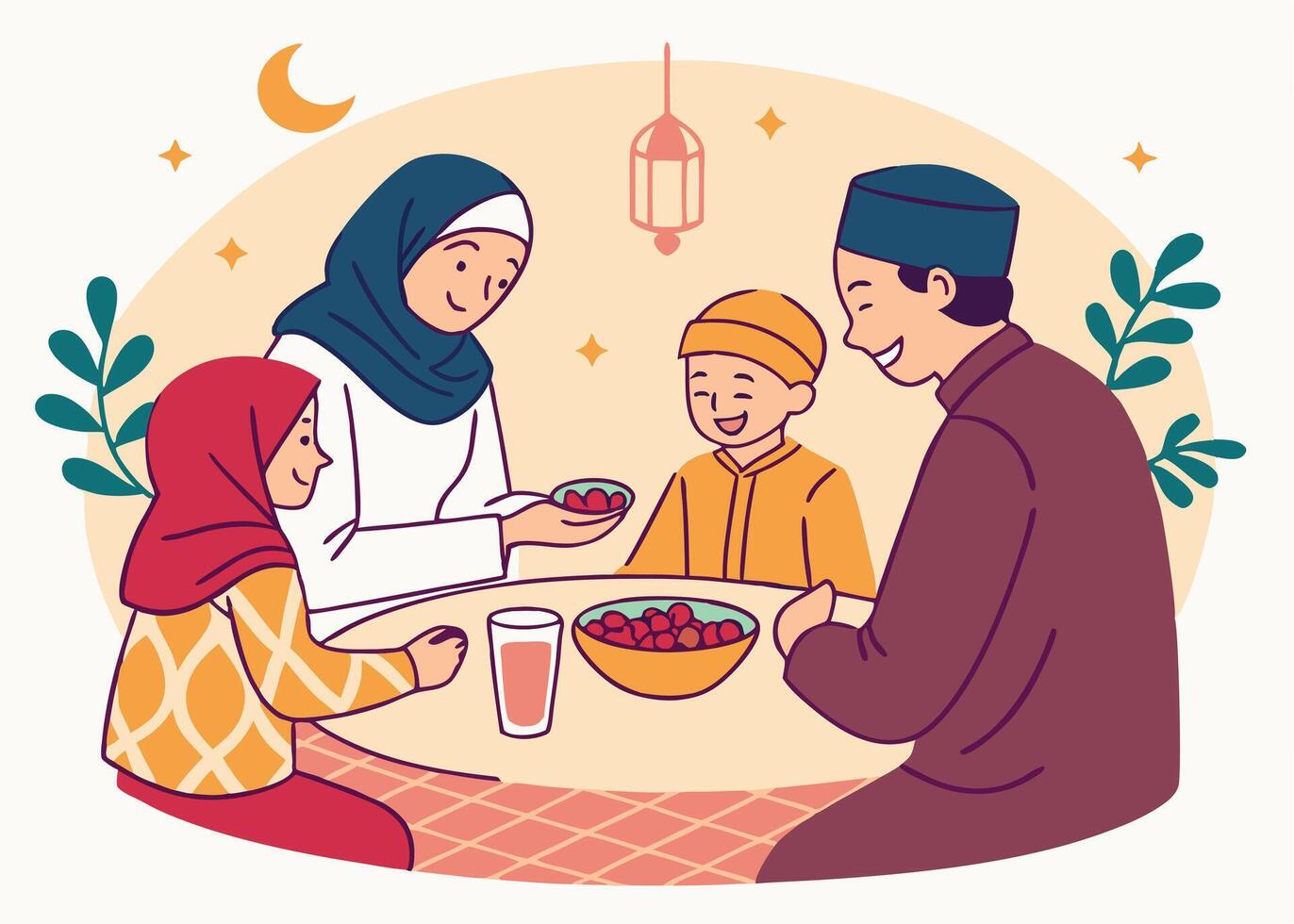 Muslim family enjoying Iftar meal with dates vector