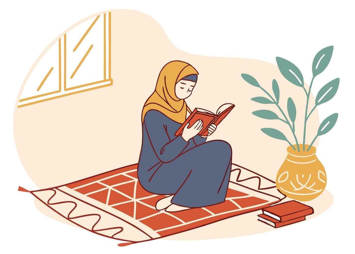 Muslim woman reading Quran during Ramadan at home vector