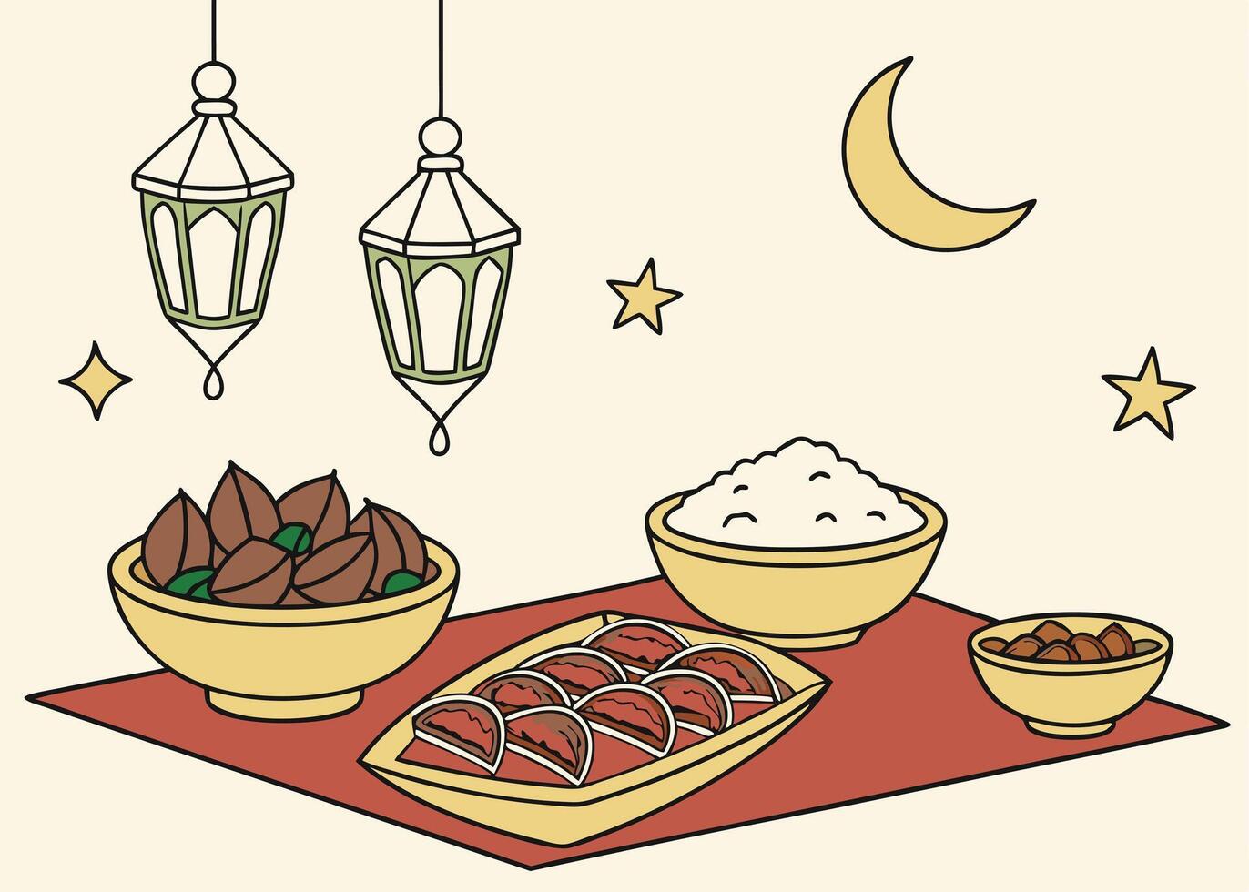 Traditional Ramadan table with food and Islamic decor vector