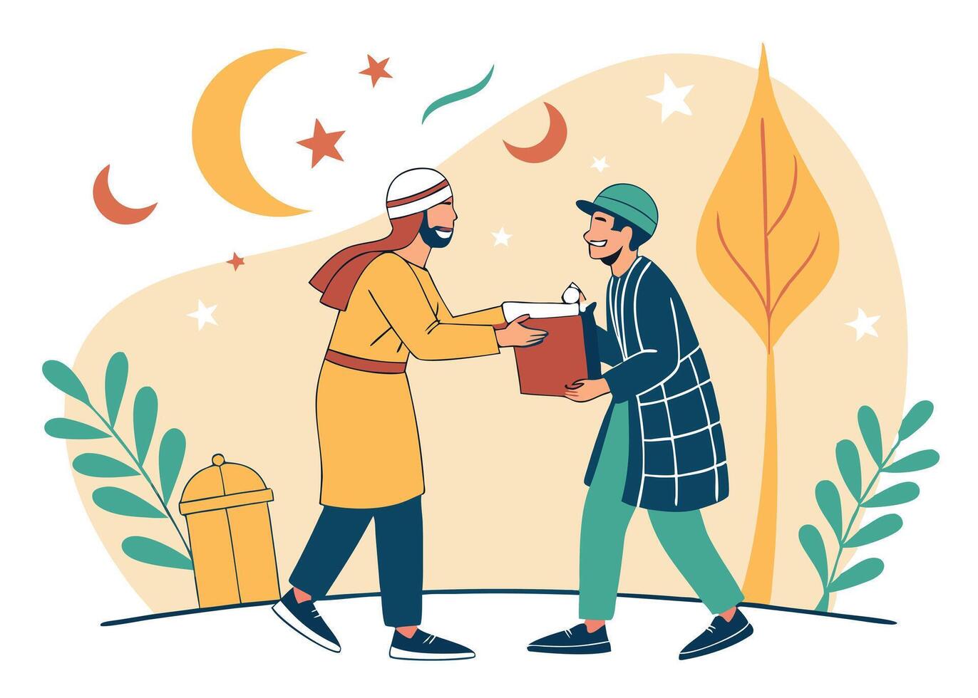 Muslim men exchanging Ramadan greetings during celebration vector