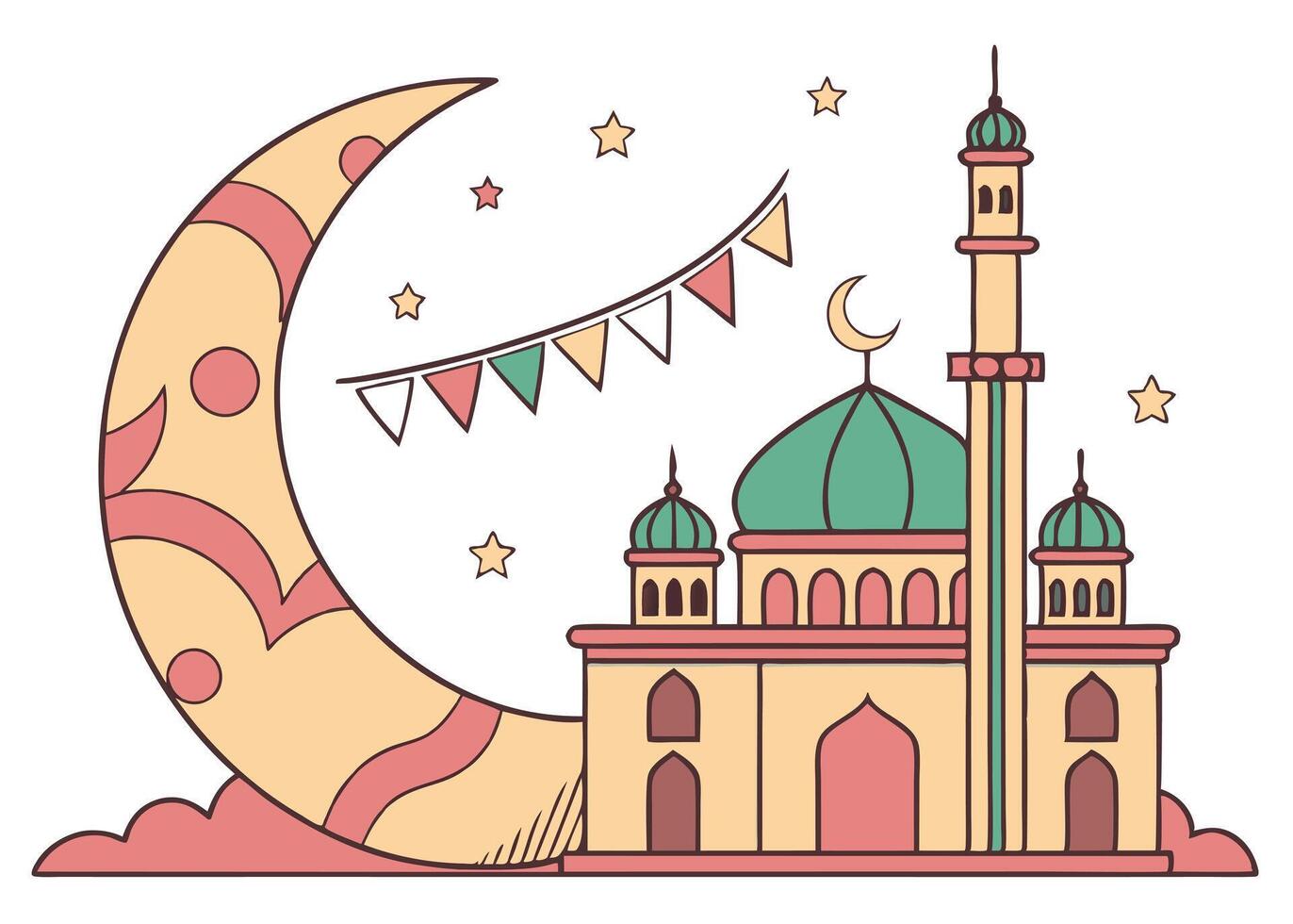Crescent moon and mosque with Ramadan decorations vector